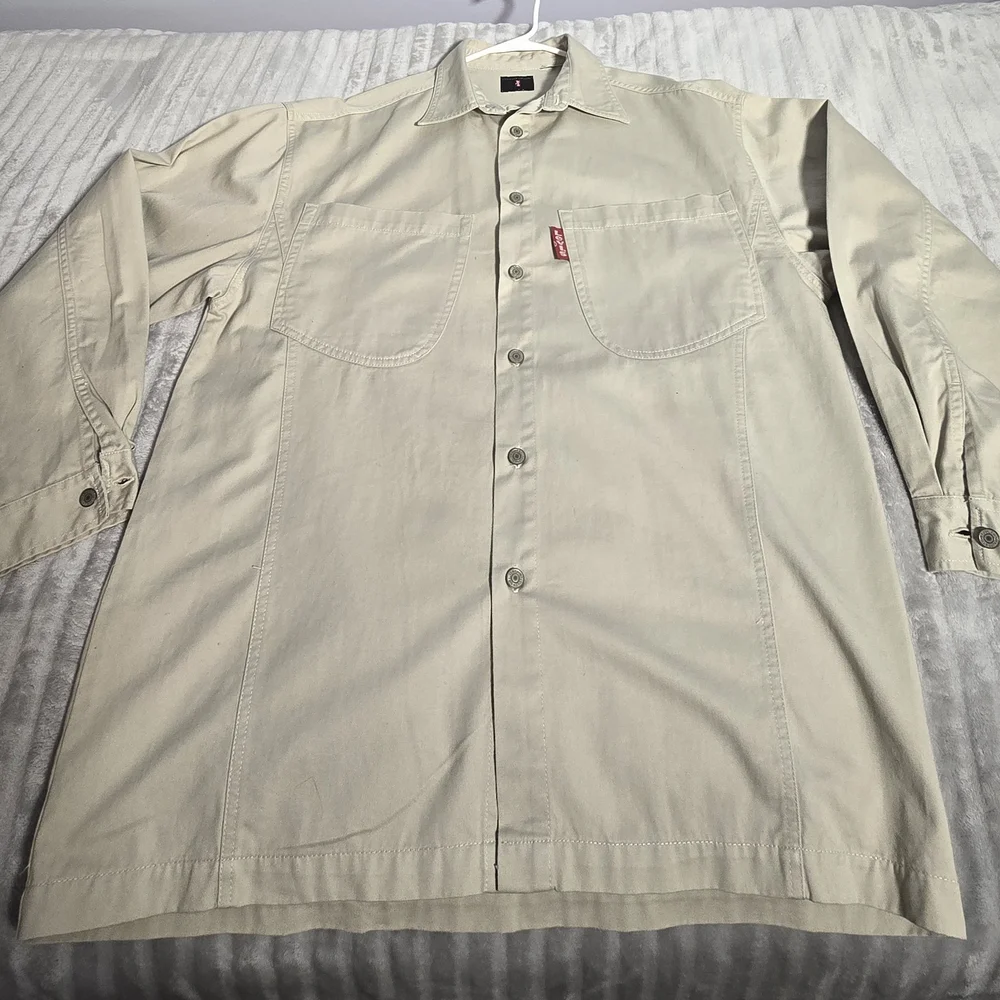 Vntg Levis Shirt Mens M Beige brass Button Up Red‎ Tab Twill Work. 544